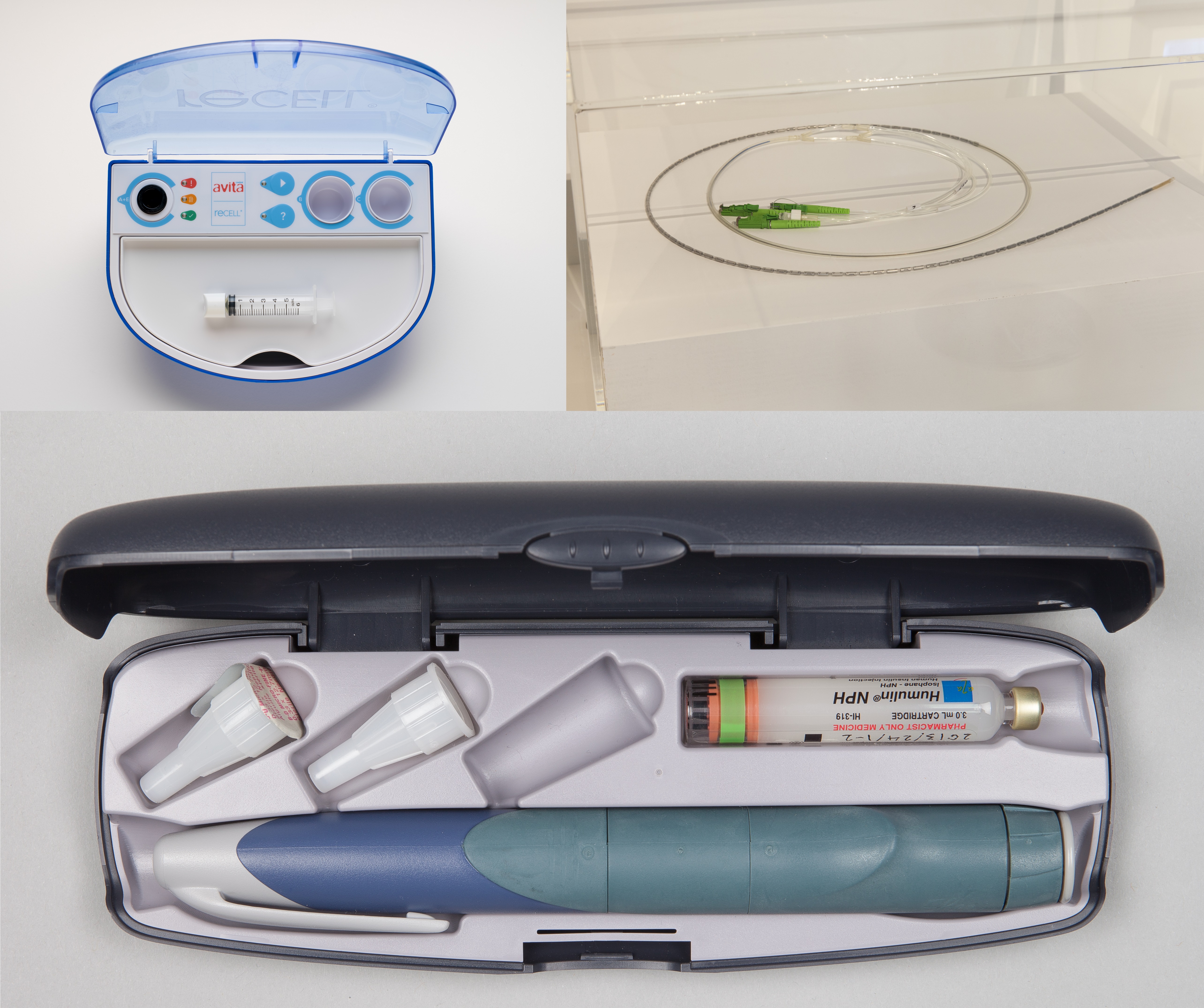 3 separate images in a grid. Top left: top down-view of an plastic medical case with a transparent blue lid. Inside are several indicator lights, receptacles, and a syringe. Top right: A coiled series of thin plastic tubes, within which can be seen wires and 1cm long metal sensors. At one end of the tubes are bright green plastic clips or plugs. Bottom: top down view of an open metal case with a dark blue lid. Inside the case are a series of nozzles and a vial and below that a pen-like insulin injector.